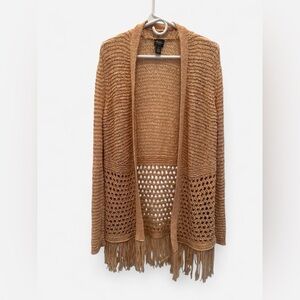 Chico's Tan Open-Knit Cardigan with Fringe